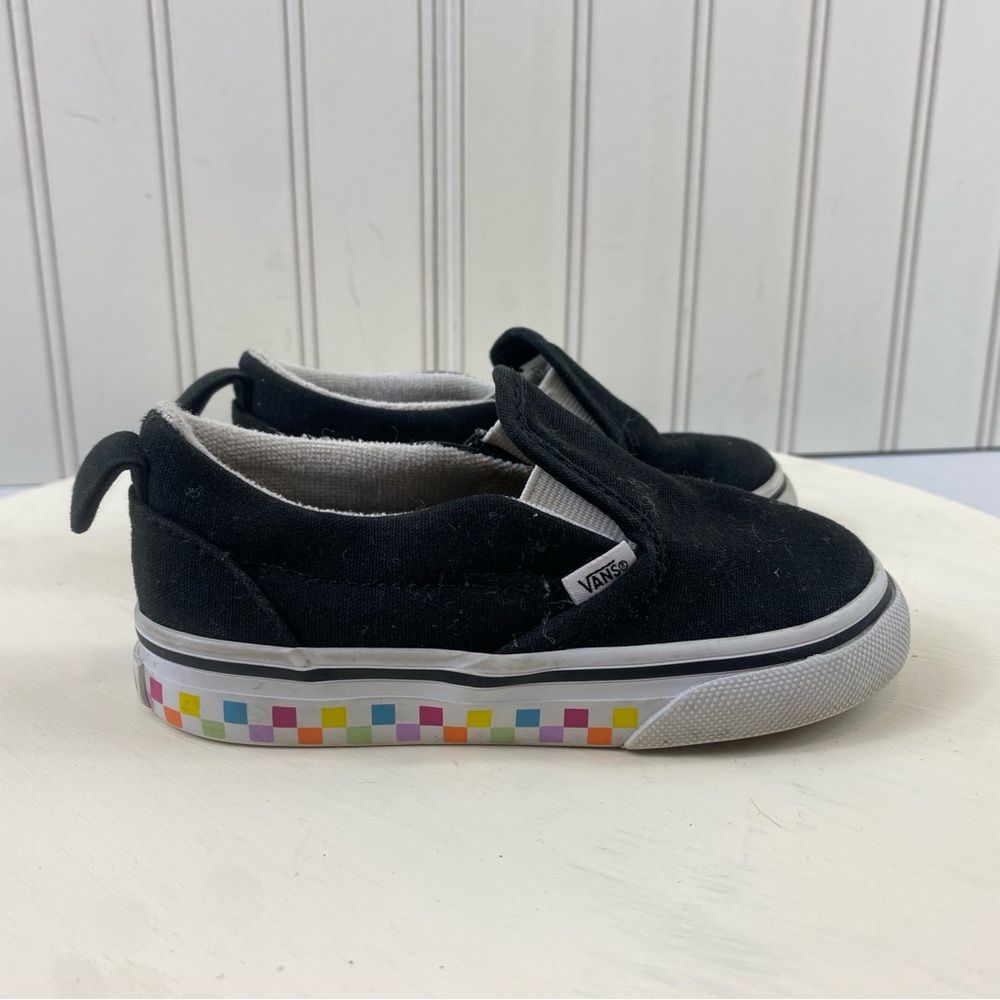 Vans Toddler Black Slip On Checkerboard Rainbow Sneakers Sz 7 - Picture 3 of 11